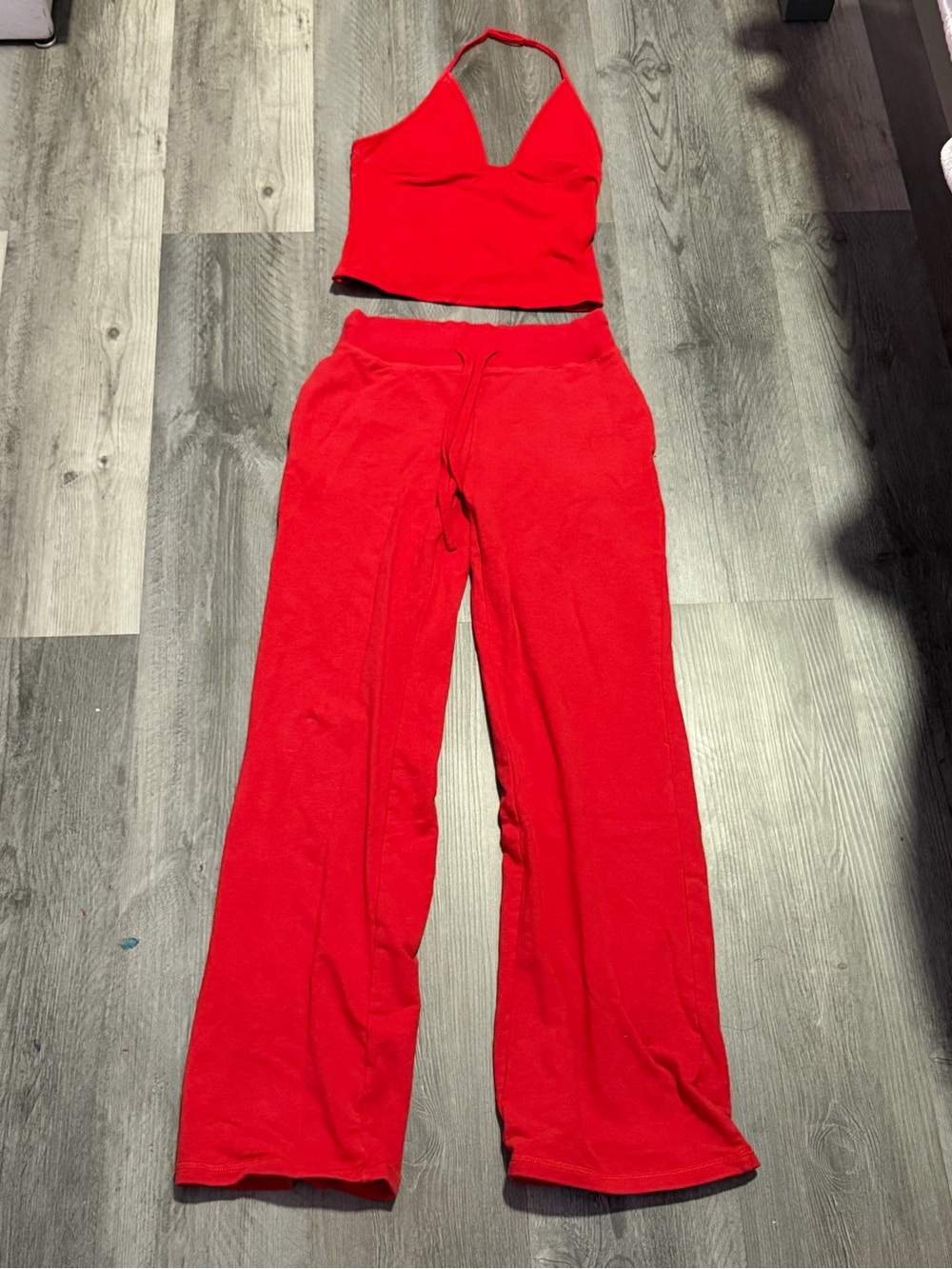 Garage Red Halter Crop Top with Wide-Leg Pants Set